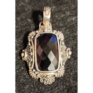 VTG Sterling Silver 925 Ornate Dark Purple Glass Checkerboard Cut Pendant 10g